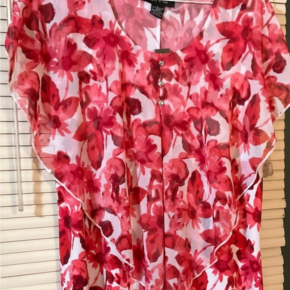 Adele & May Top Blouse Pink Burgundy Floral White Large Sleeveless Cape Collar - Picture 1 of 10